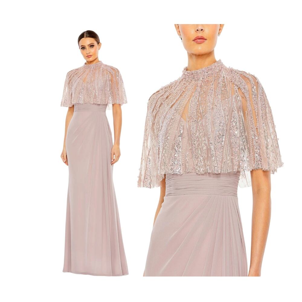 Mac Duggal 20467 Pink Rose Formal Gown Beaded Sequin Cape Chiffon Maxi Dress 16
